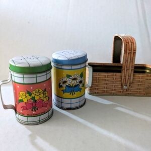 Cottagecore flower shabby chic metal salt and pepper shakers in basket vintage